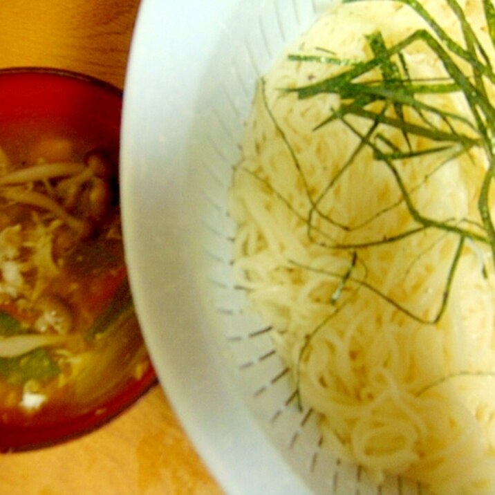 しめじと人参長ねぎ卵のそうめん付け麺